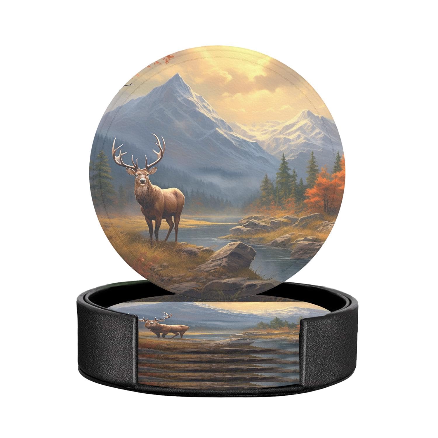 Deer Lake Autumn Drawing Set of 6 Table Coasters Modern PU Cup Coasters for Drinks, Coaster Set,4 Inches