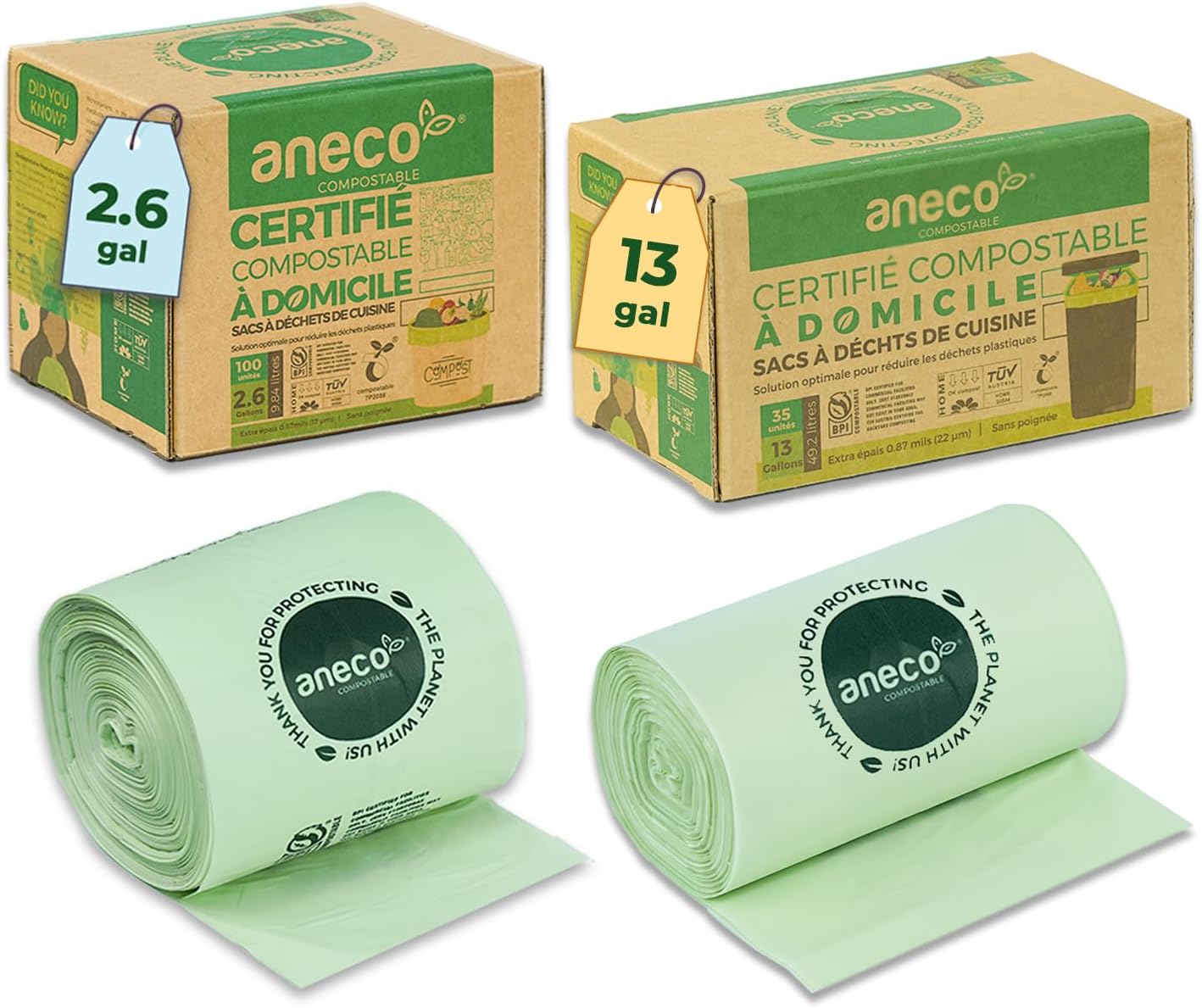 2.6 Gal (100 count) & 13 Gal (35 count) ANECO 100% Compostable Trash Bags, Extra Thick Kitchen Compost Bags