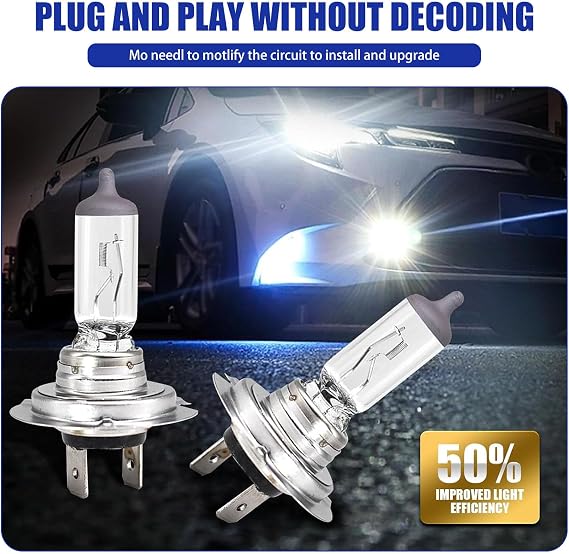 Pack-2 Car H7 Halogen Bulbs, 55W 12V Quartz Lamp, Super Bright Beam Low/High Beam Fog Light Replacement, All-in-one Plug and Play Bulb, Universal Lighting Accessories for Cars (White Light)