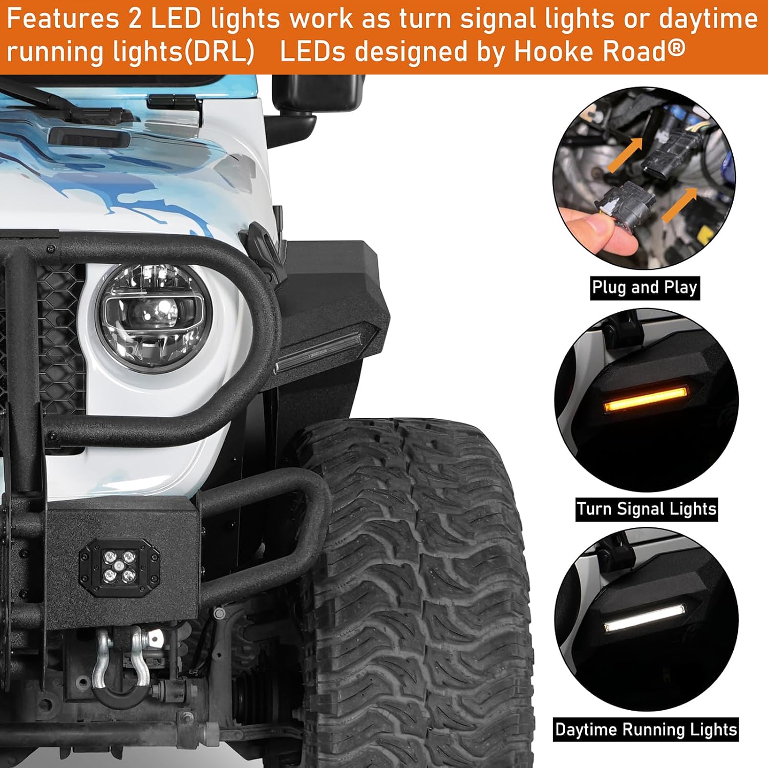 Hooke Road JL/JT Rugged Front Fender Flares for 2018-2026 Jeep Wrangler JL & Gladiator JT, 2PCS Flat Steel Fenders w/LED Turn Signal Lights