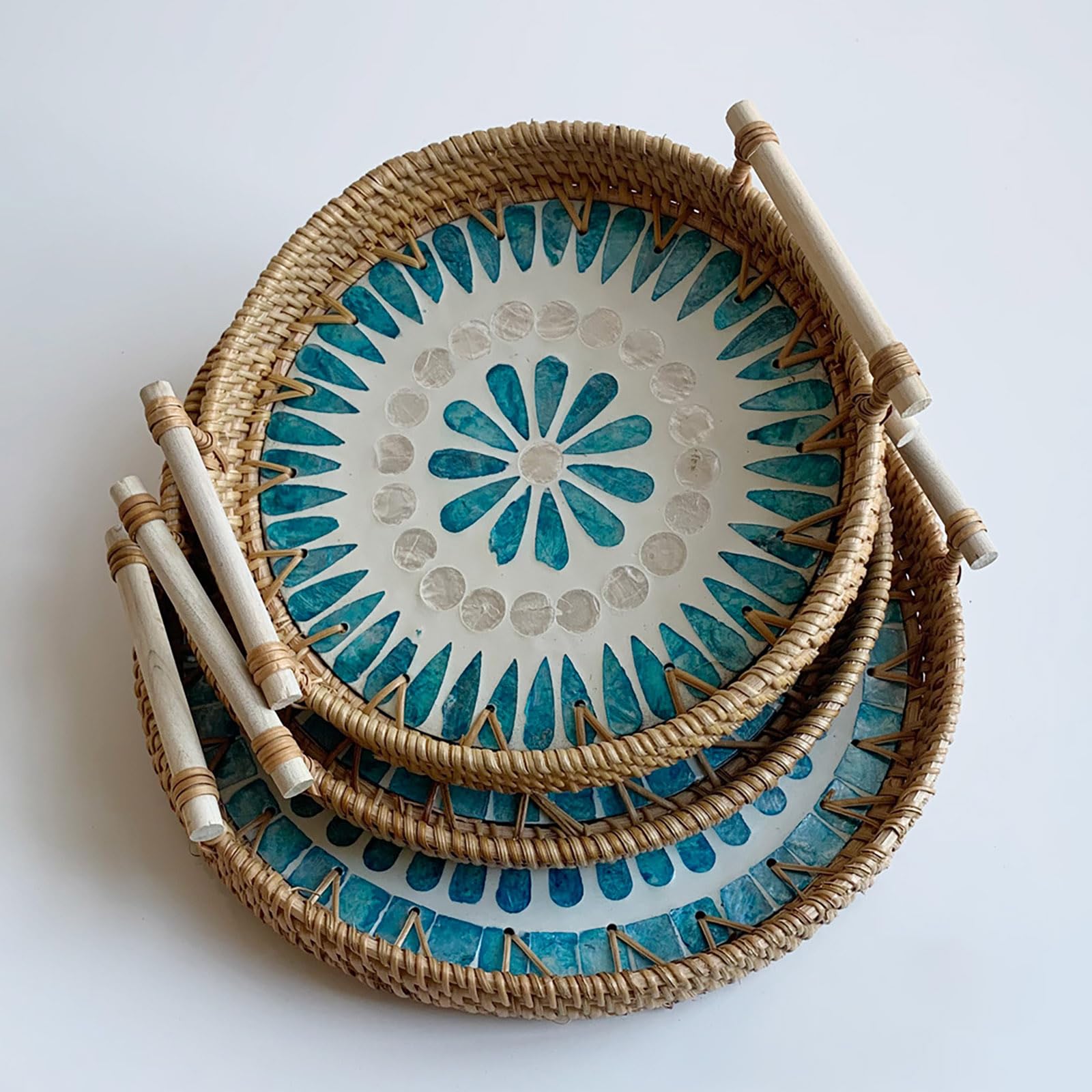 Rundes Rattan Tablett mit Perlmutt Intarsien, gewebtes Serviertablett, Weiden-Servierkorb mit Holzgriffen als Tischdekoration, Heimdekoration, Kücheninsel-Dekoration,Blue Circle-Set of 3