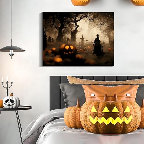 Miniatura 55 de Denozer Lienzo decorativo para pared de Halloween, castillo de terror de 32 x 24 pulgadas, decoración de pared de luna, decoración de otoño de Obra