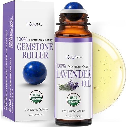 Lavender Essential Oil Roll On for Sleep Anxiety Stress Relief - 100% Pure USDA Organic Pre-Diluted MCT Coconut Oil - Calming Relaxing Bedtime Aromatherapy Yoga - Gemstone Roller 10ml Travel Size