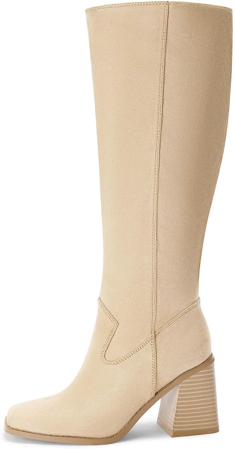 Coutgo Women's Knee High Boots Wide Calf Square Toe Chunky Heeled Pull-on Boot, Light Beige, Size 7 - Image 5