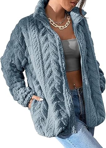 Fleece Jacket Women Fleece Winter Fuzzy Jacket Warm Sherpa Lined Cardigan Soft Stand Collar Full Zip Coat With Pocket