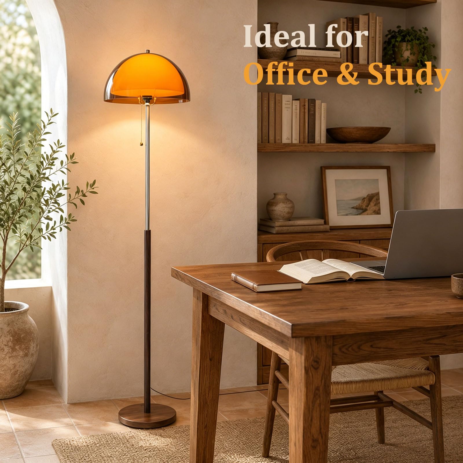 Orangefarbene Pilz-Stehlampe 153 CM, Mid-Century Modern | Zweischichtiger Acryl-Kugellampenschirm, E27, 3 Farbtemperaturen, Metallstange In Holzoptik Für Wohn-, Schlafzimmer Und Büro