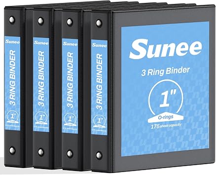 SUNEE 1 Inch Binders 3 Ring 4 Pack, PVC-Free Clear View 1" Binders Fits 8.5x11 Inches for School, Office & Home Use, Black