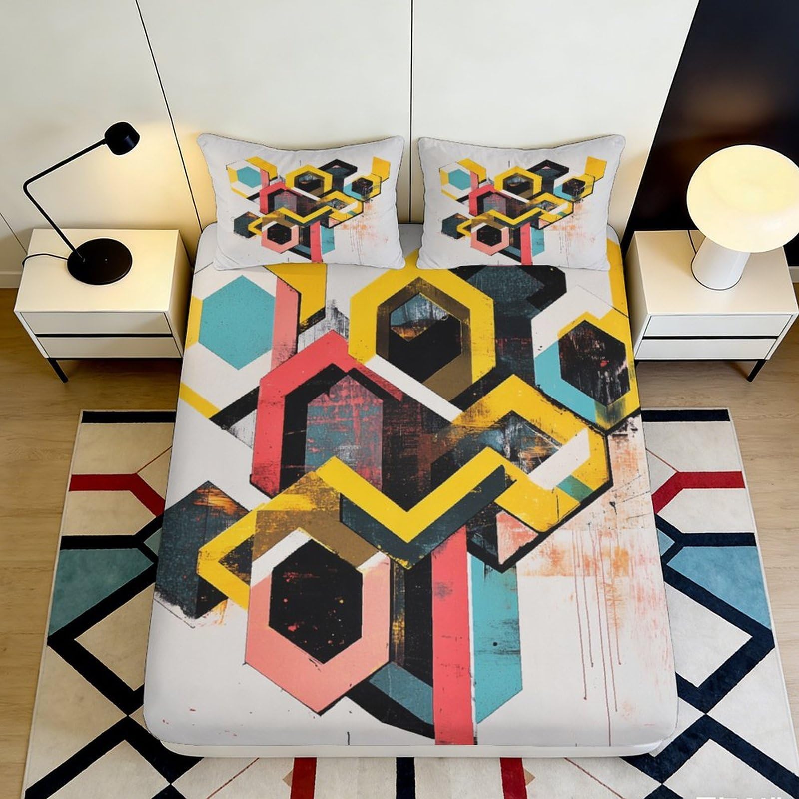 Jqzkxnhpbr Style-1 3D Printed Geometric Abstract Fitted Sheet Microfiber Anti-Slip Colorful Hexagon Bed Cover For Bedroom Guest Room Decor 90X200x25cm