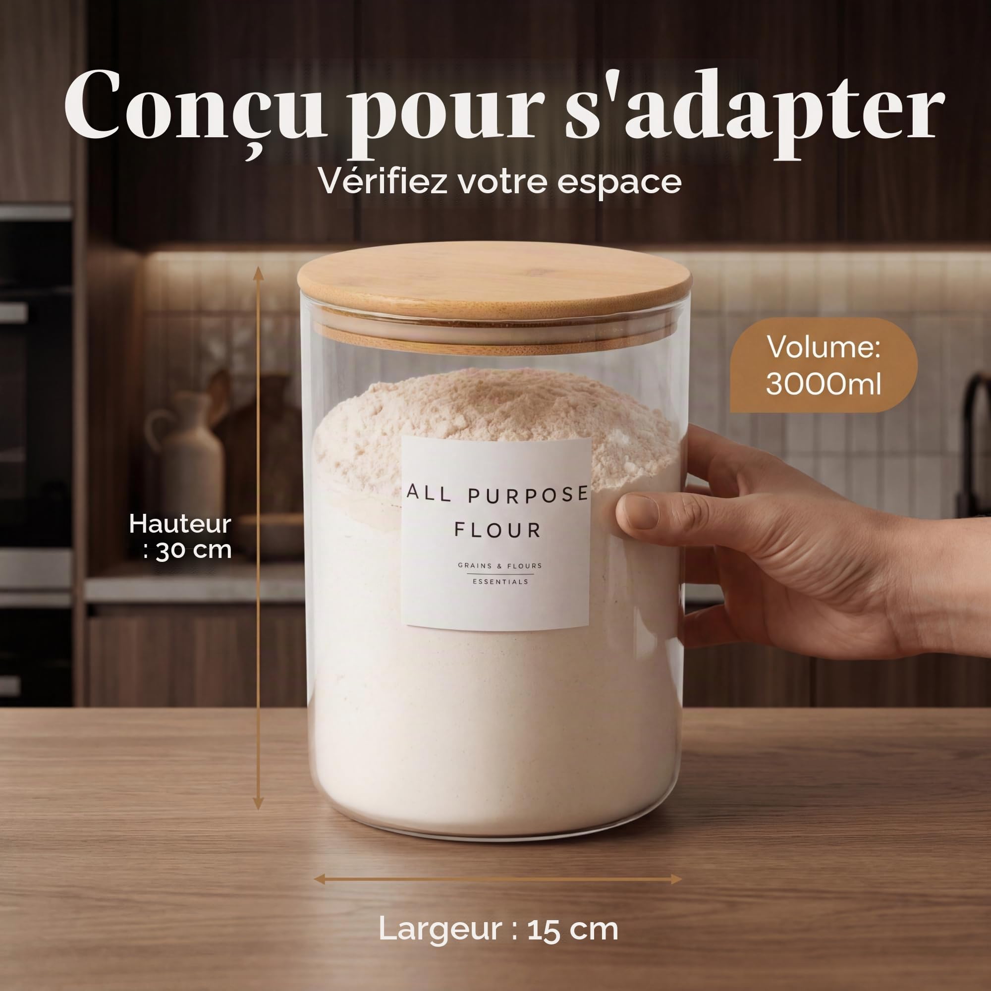 Livabl Grand bocal en verre avec couvercle (3 L) – Grand bocal avec couvercle hermétique en bambou pour le rangement de la cuisine – Extra large pour farine, pâtes, céréales, riz, etc