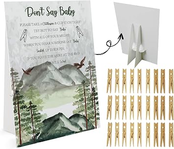 Dont Say Baby Game 1 Sign And 50 Mini Natural Clothespins Dont Say Baby Baby Shower Game, Baby Shower Decorations, Baby Shower Games Gender Neutral, Forest Mountain Baby Shower DS09
