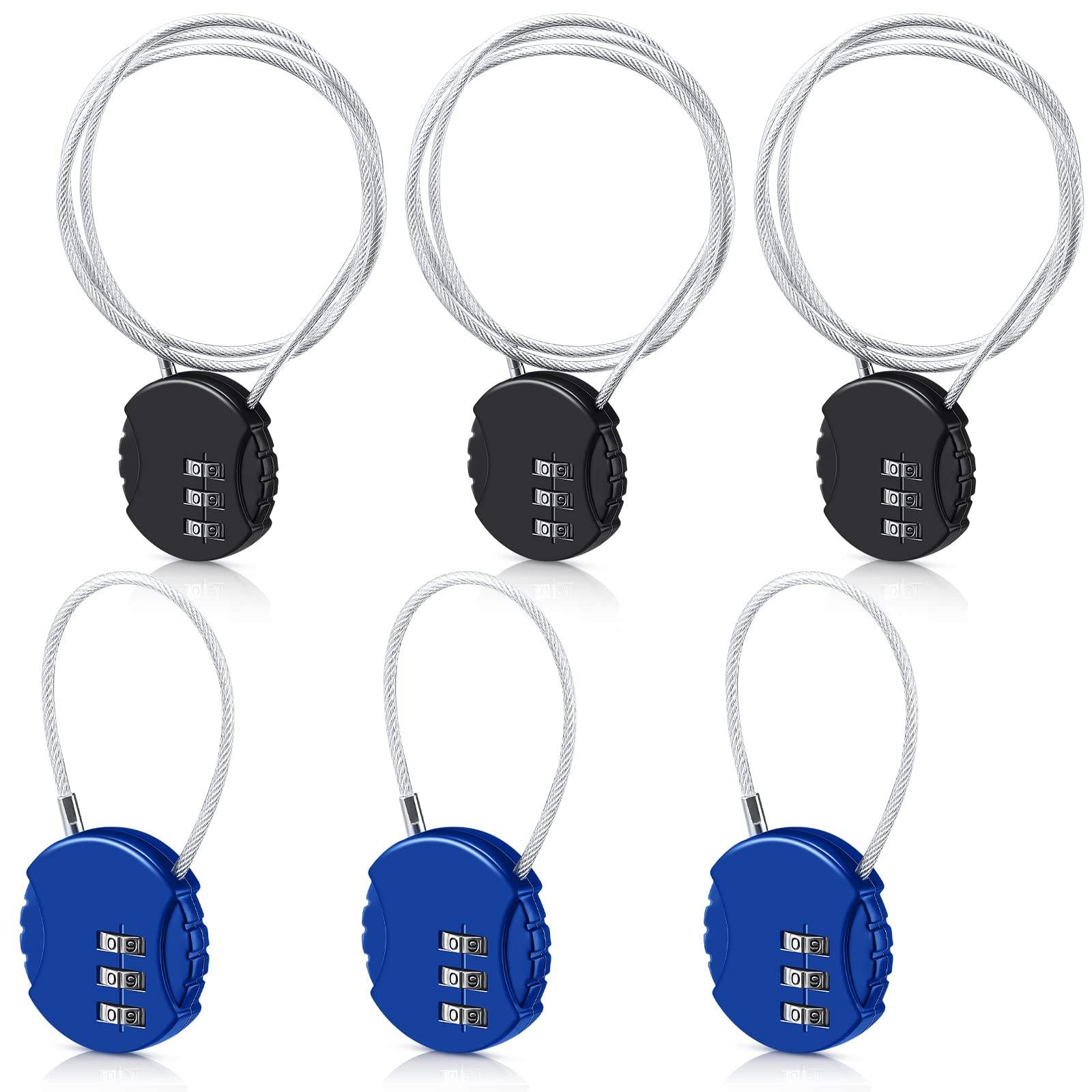 6 Pieces Cable Locks 3 Digit Combination Locks Waterproof Cable Luggage Travel Padlock for Gym Bike Backpack Cabinet 30 Inch, 5.31 Inch Wire Rope(Black, Blue)