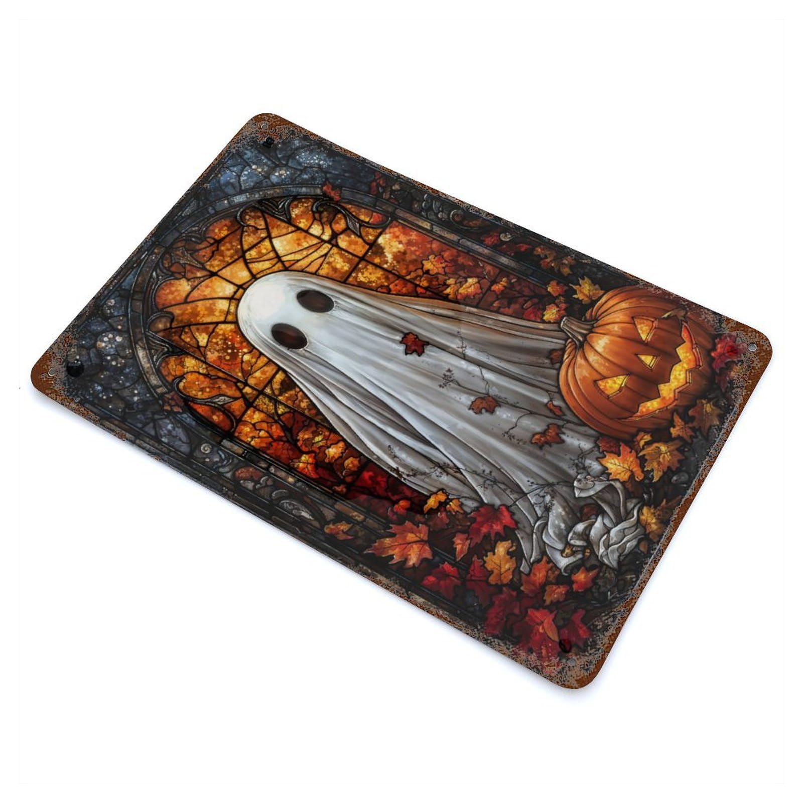 Stained Glass Ghost Art Rust Effect Tin Sign 11.8"x7.9", Ideal for Garage, Bar And Workshop Decor
