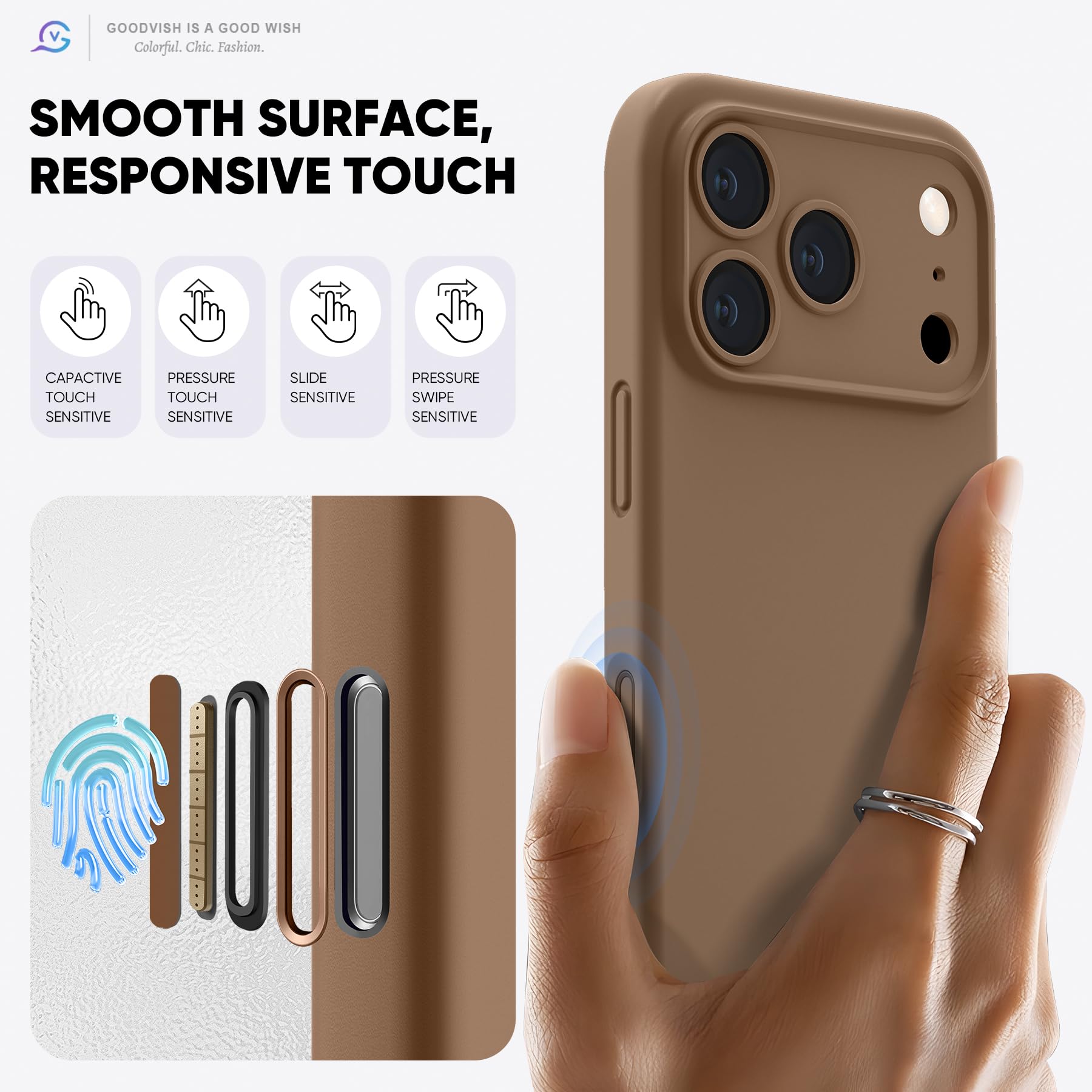 GOODVISH Silicone Cover per iPhone 17 Pro 6.3", Custodia con 2x Vetro Temperato [Pulsante Controllo Fotocamera] 360° Protezione Anticaduta Case per Cellulare Antiurto Resistente, Marrone