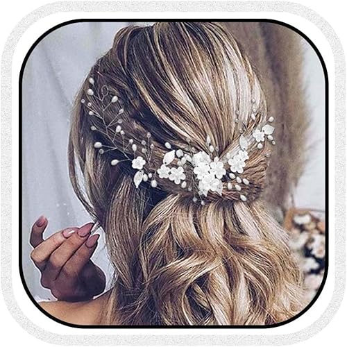Unicra Silver Bride Wedding Vine Flower Bridal Hair Piece Pearl Accessories Leaf Headpiece Jewelry para mujeres y niñas (12.5 pulgadas)