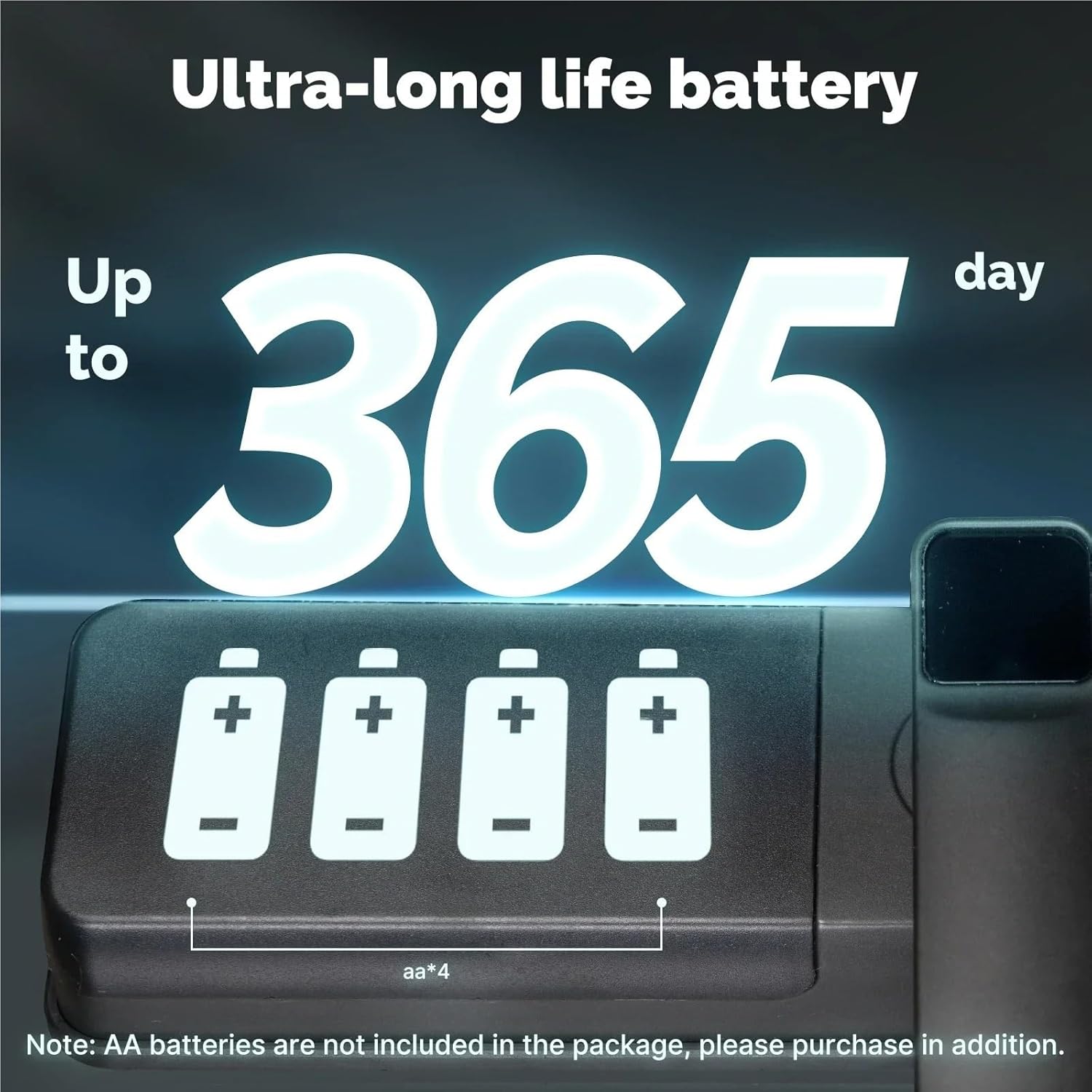 Diagram showing installation of 4 AA batteries into the smart lock