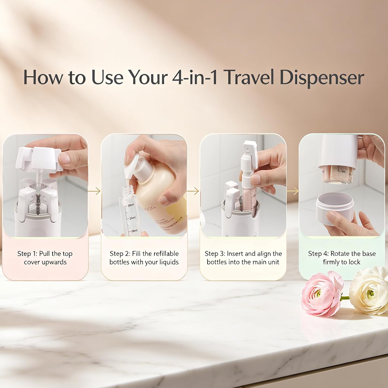 4 in 1 Travel Dispenser Bottle, 30ML Leak Proof Travel Size Toiletries Containers with Labels & Scale, Portable Refillable Travel Bottles for Shampoo Lotion Conditioner Cream, Carry Friendly(1White)