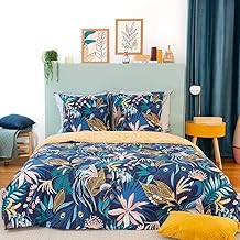 CÔTE DECO Double Bedding Set with Duvet Cover (260 x 240 cm) and 2 Pillowcases (63 x 63 cm) with Tropical Leaves Design, 100% Softened Cotton, Blue (260 x 240 cm)