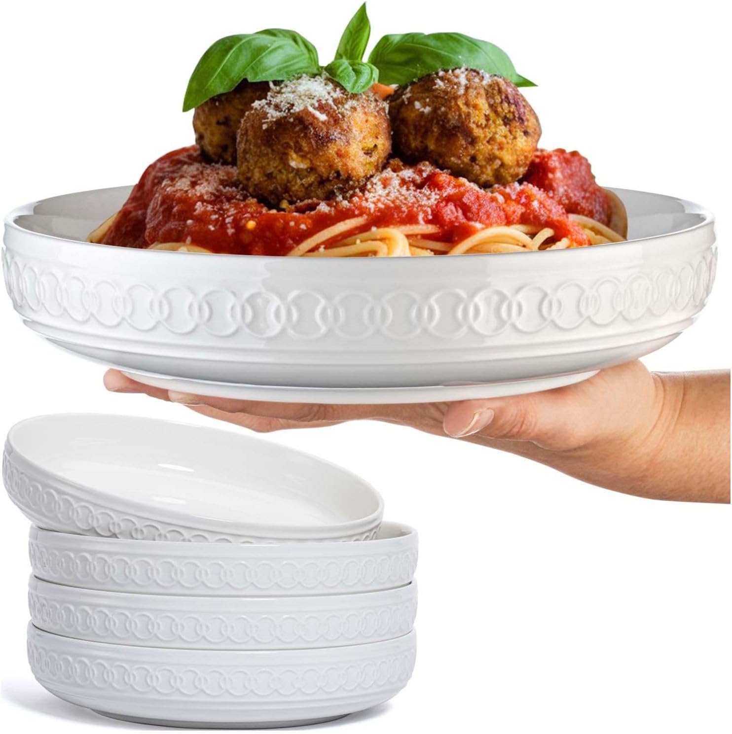 Annovero Pasta Bowls Set for 4 - Dinner Bowl Plates - Blates - Flat Dinnerware - Large Shallow White Dishes - Big Rimmed Porcelain Serving Dish for Eating Spaghetti - 40 Oz Capacity - 9 Inch Diameter