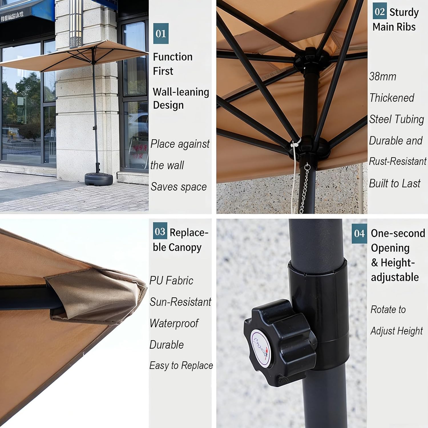 8FT Half Rectangle Patio Umbrella Lean Wall for Balcony, Outdoor Shade Canopy for Deck Garden Terrace, UV Waterproof Cover