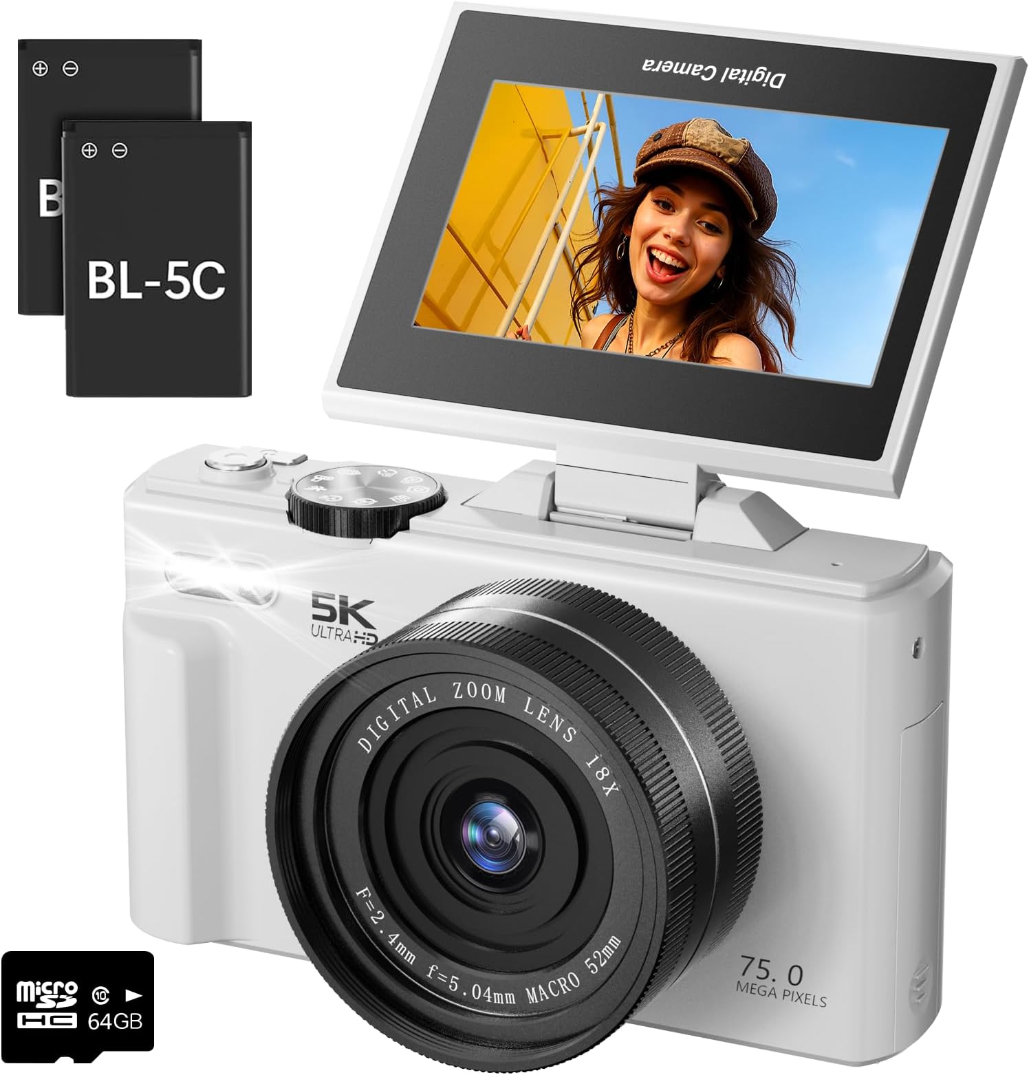 5K Digital Camera for Photography - 75MP Autofocus Vlogging Camera with 64GB SD Card, WiFi, 18X Zoom 3" 180° Flip Screen Compact Travel Camera with 2 Batteries for Teens and Beginner