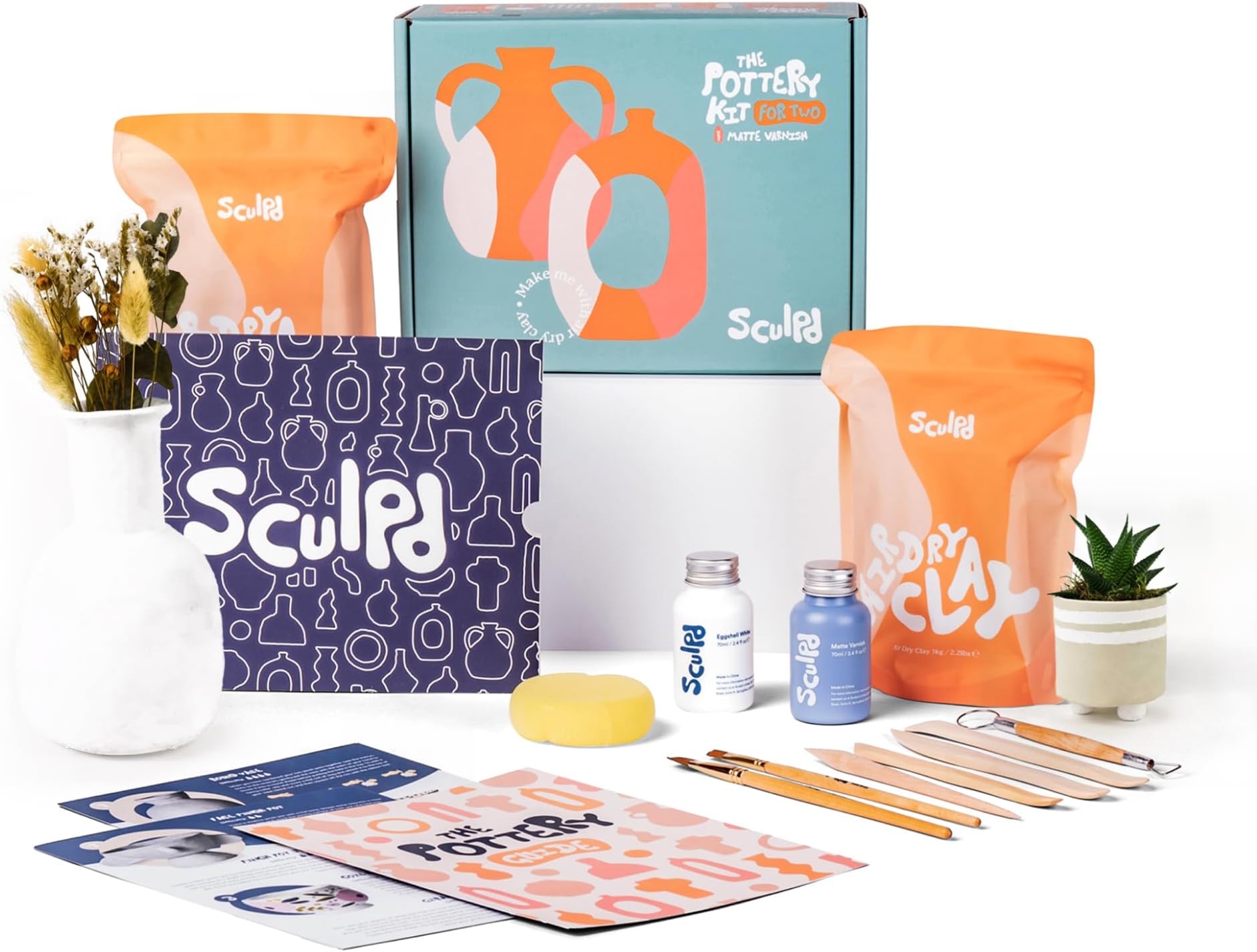 Sculpd Pottery Kit - Air-Dry Clay Starter for Beginners With Gloss Varnish, Paint, Tool Set, Paintbrushes, Sponge and Step-by-Step Guide - Clay Kit for Adults