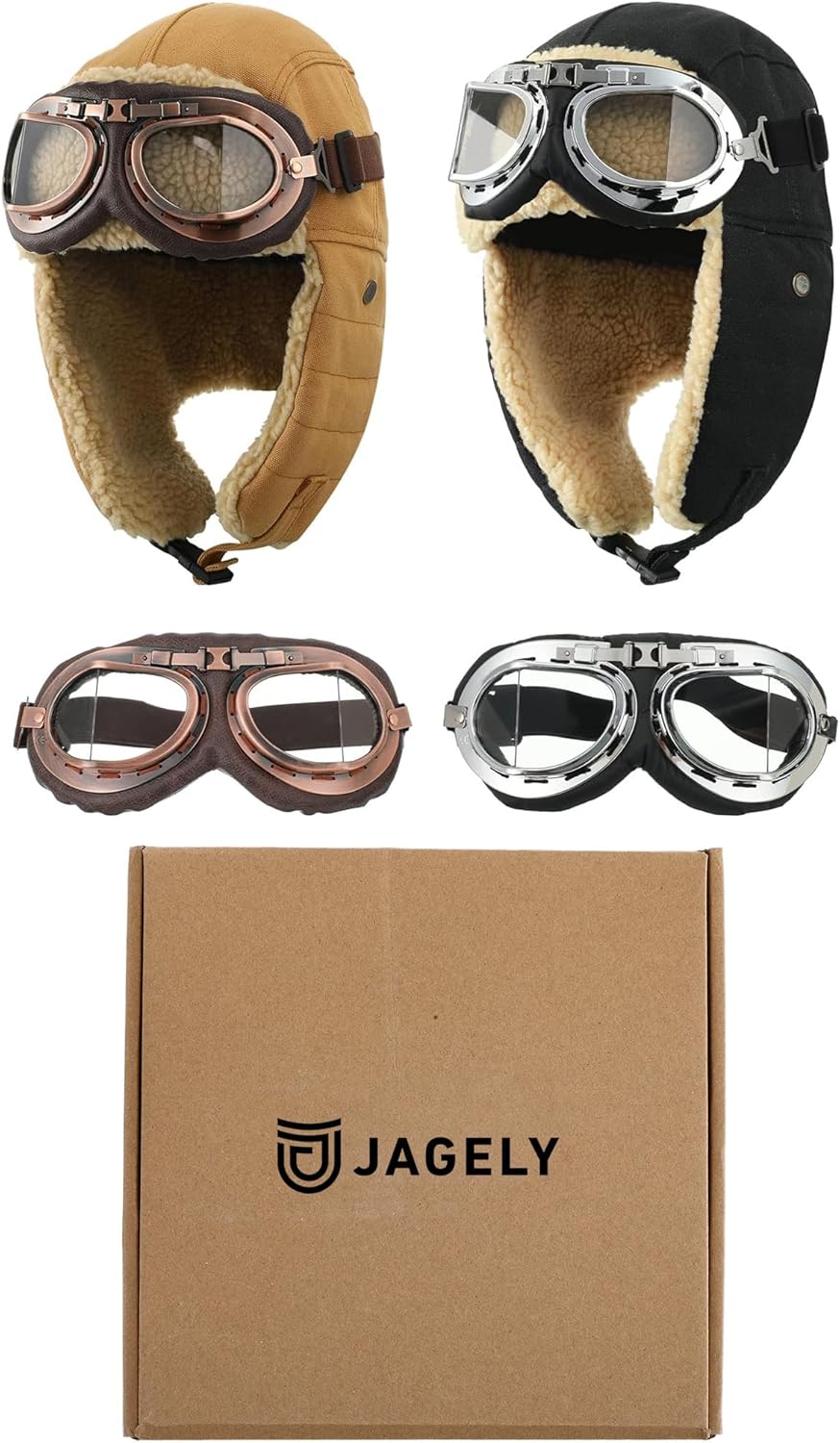 JaGely 4 Pcs Pilot Hat and Goggles Flight Costume Accessories Pilot Helmet Cap with Ear Flaps Hat Adults Winter (Black, Khaki) - Image 6