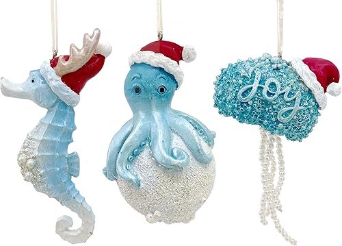 Adornos de Navidad costeros Caballito de mar, medusa, pulpo, decoración de árbol de playa, juego de 3