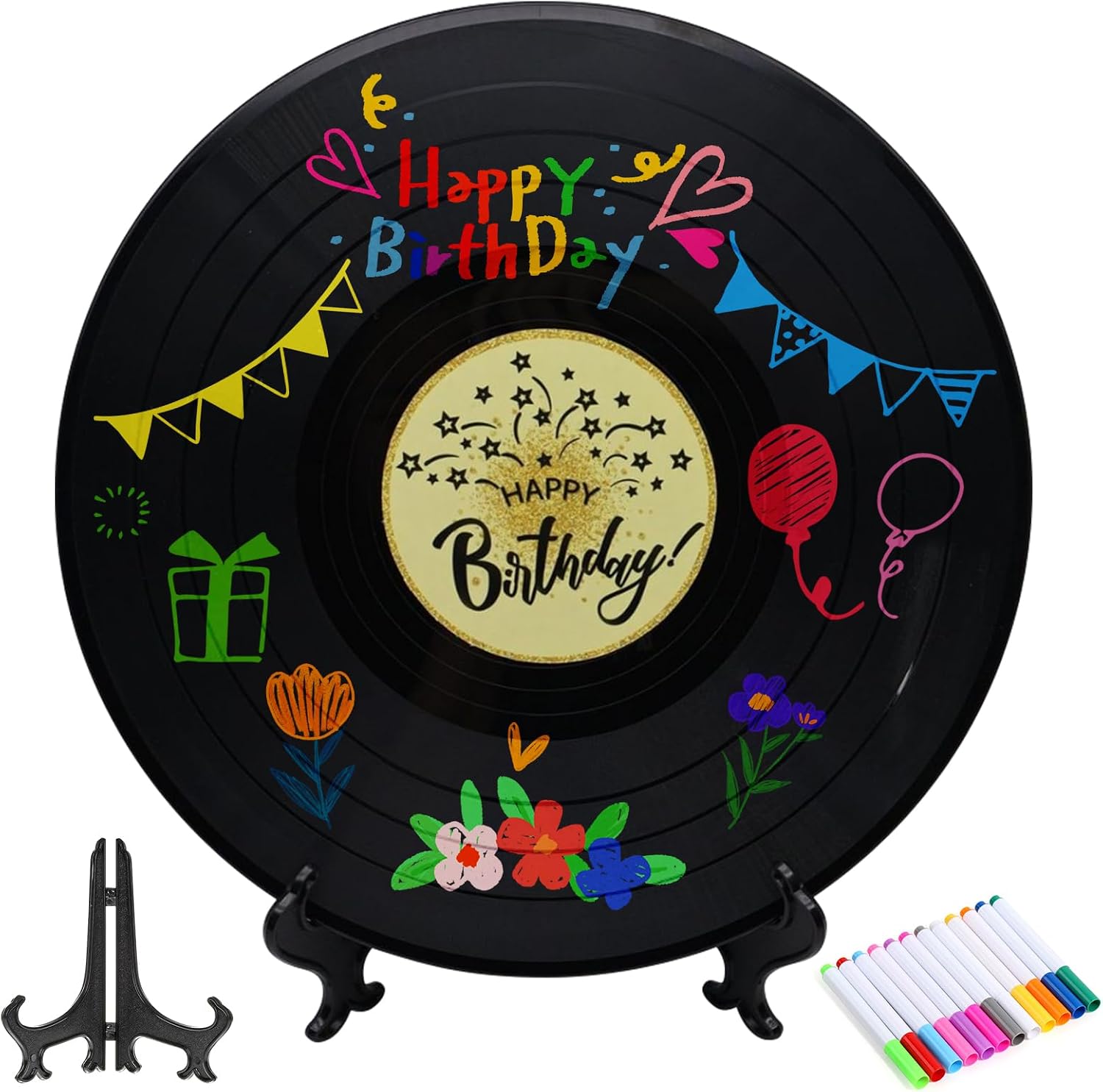 Guest Book Vinyl Record Alternative to Birthday Guest Book with Pen and Holder Birthday Decoration Party Gift Sign Poster for Boys and Girls