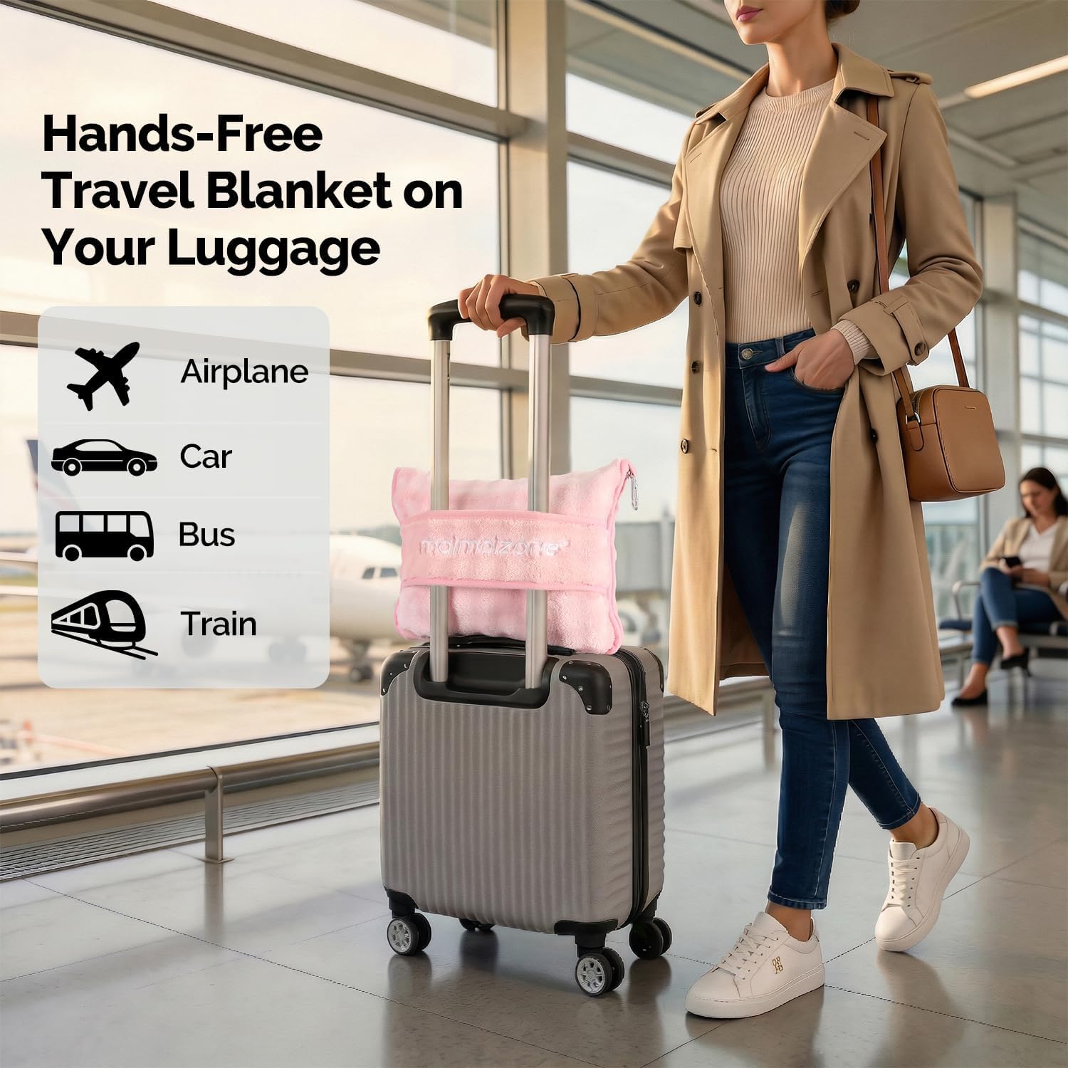 Pink Travel Blanket for Airplane, Soft Lightweight FlannelBlanket, Compact & Portable with Storage Bag, LuggageStrap & Clip, Cozy Travel Essential for Flights, Road Trips& More,40.7" x 64.1"