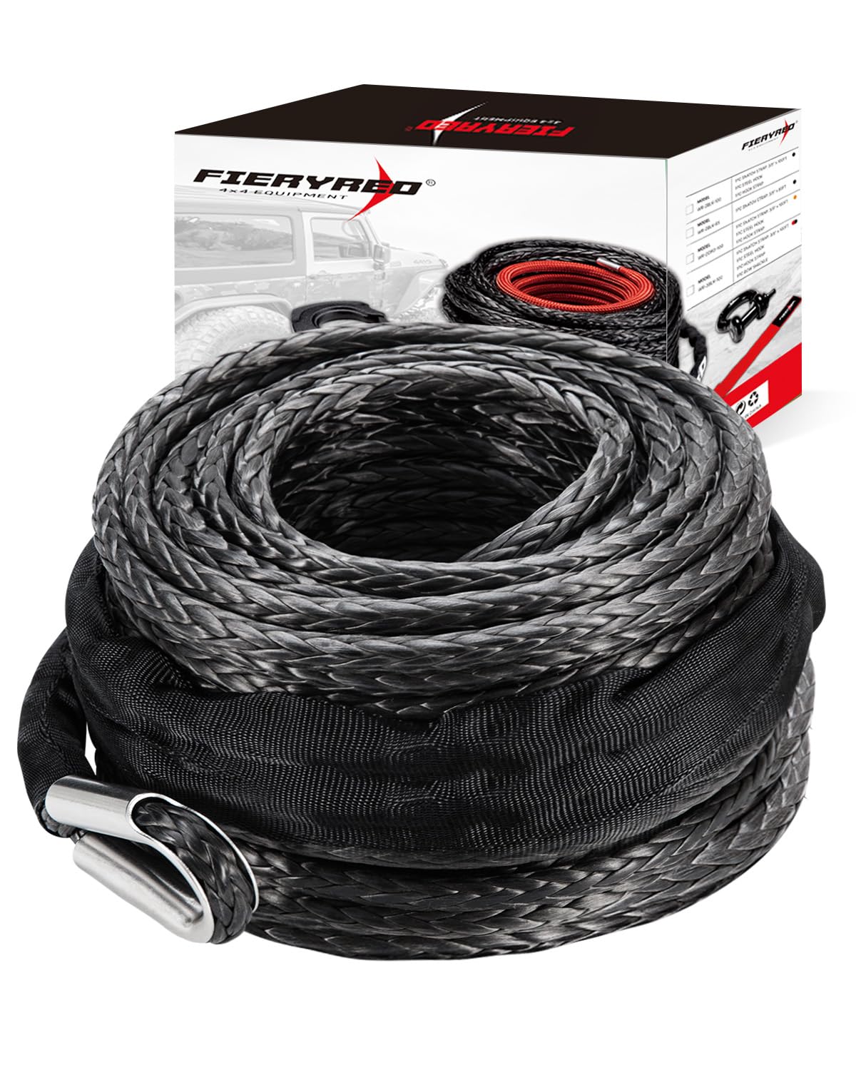 FieryRed - Cable de recuperación de Remolque sintético Resistente de 0,95 cm x 2,54 m, Color Negro para vehículos Todoterreno ATV UTV SUV y Motocicleta