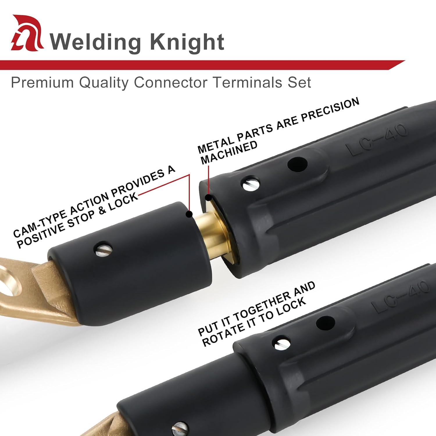CT-40FA Welding Terminals & LC-40 Male Cable Connectors, Welder Leads Connector Set for Welding Machine Accessories, 1/0 Thru 2/0 Cable Capacity 350 Amp 50-70 SQ-MM Black & Red 2-Set