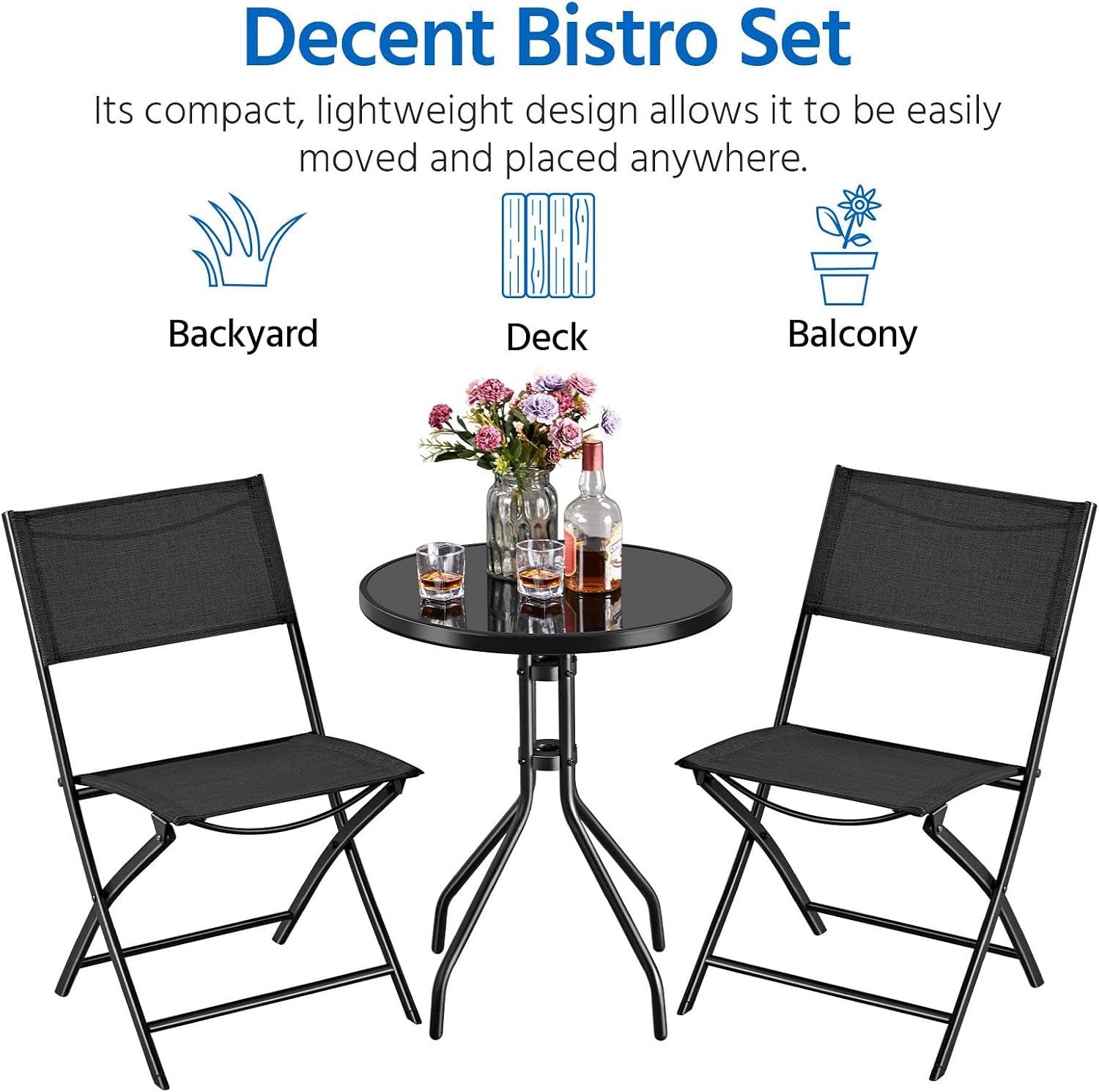 Yaheetech 3 Piece Patio Bistro Set, Outdoor Bistro Set w/2 Folding Chairs, Tempered Glass Table Top, Garden Backyard Dining Table Set All Weather Resistant Outdoor Furniture Set, Black