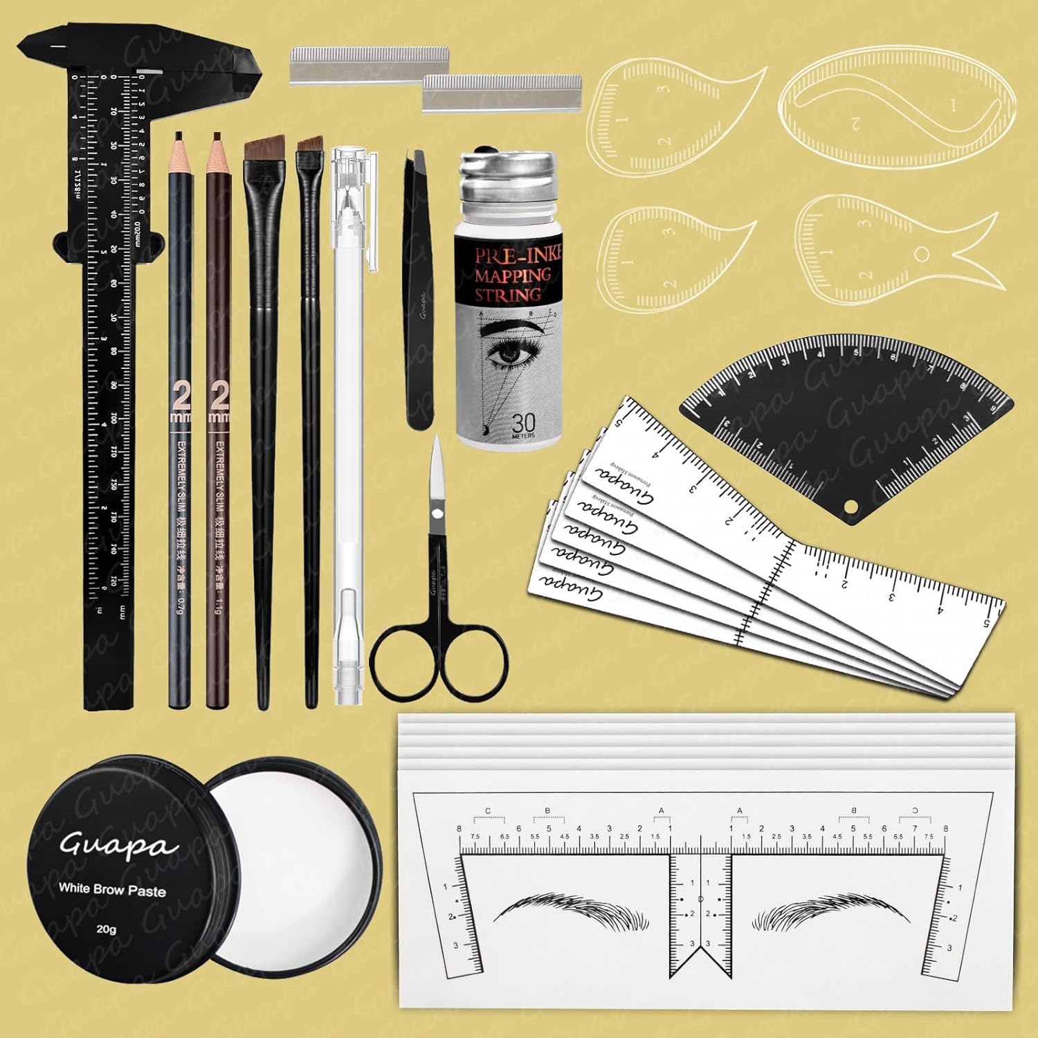 Guapa Professional Brow Mapping Kit for Microblading – Mapping String, Brow Paste, Ultra-Thin Pencils, Fan Ruler, Caliper, Stickers & Tools for Precise Eyebrow Shaping & Pre-Draw Design