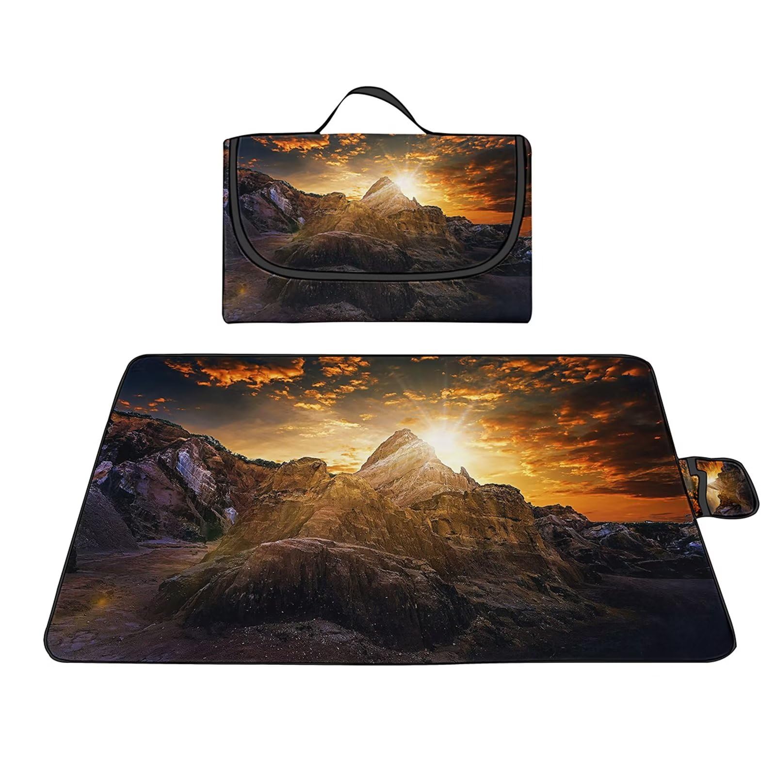 Couverture Pique-nique Imperméable 150x150cm,Couverture Plage Extérieure XXL,Coucher de soleil paysage de montagne Camping Couverture étanche Pique-nique avec Poignée pour Camping Randonnée Parc Plage