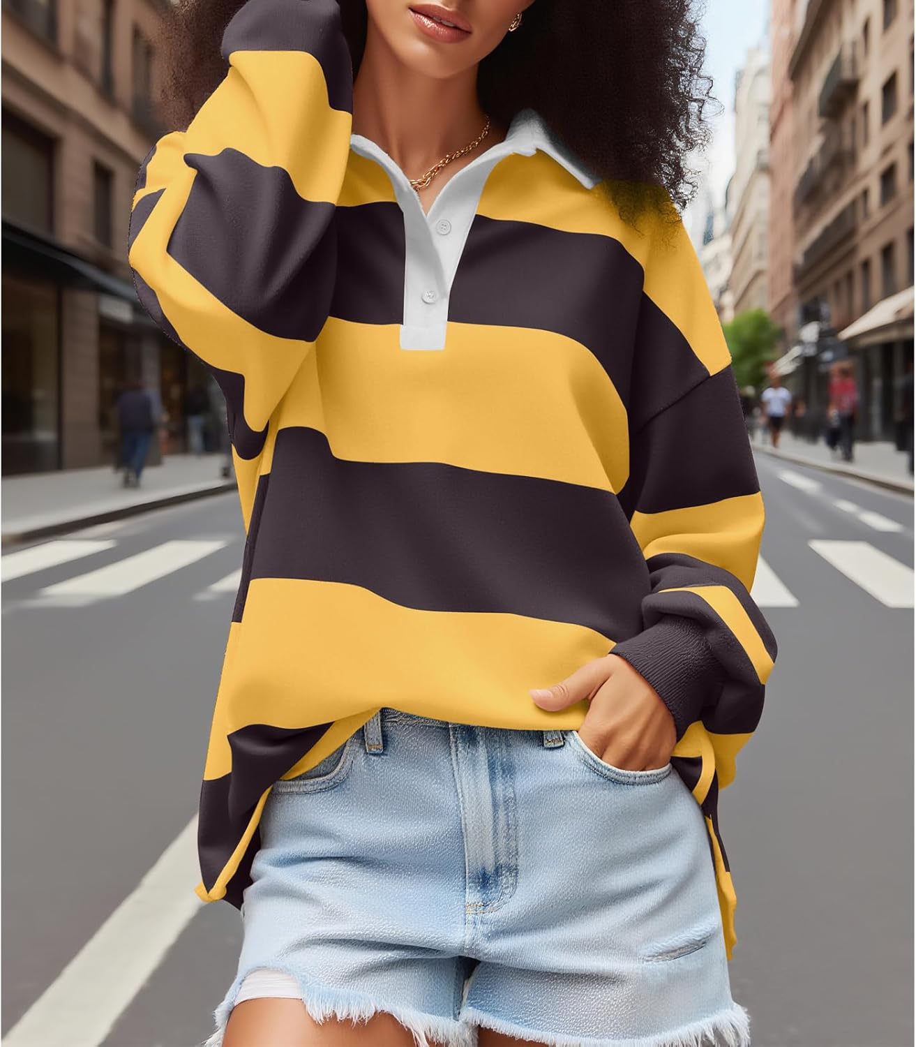 Amiblvowa Rugby Shirt Women Striped Collared Long Sleeve Polo Shirts Oversized Color Block Sweatshirt Vintage Pullover Top