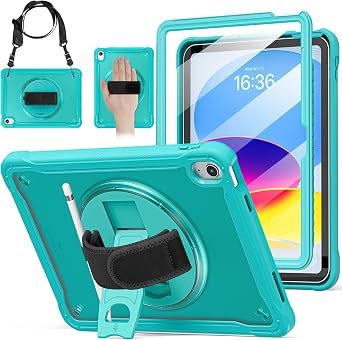 BRAECNstock iPad Case for A16 11th/10th Gen 10.9/11-inch, Light Blue | Drop Protection Case with Screen Protector & Hand Strap | 360 Stand for Hands-Free, Travel Strap | DIY-Friendly Frosted Back