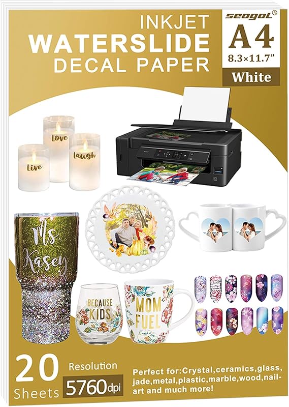 Seogol Waterslide Decal Paper for Inkjet Printers, 20 Sheet A4 Size