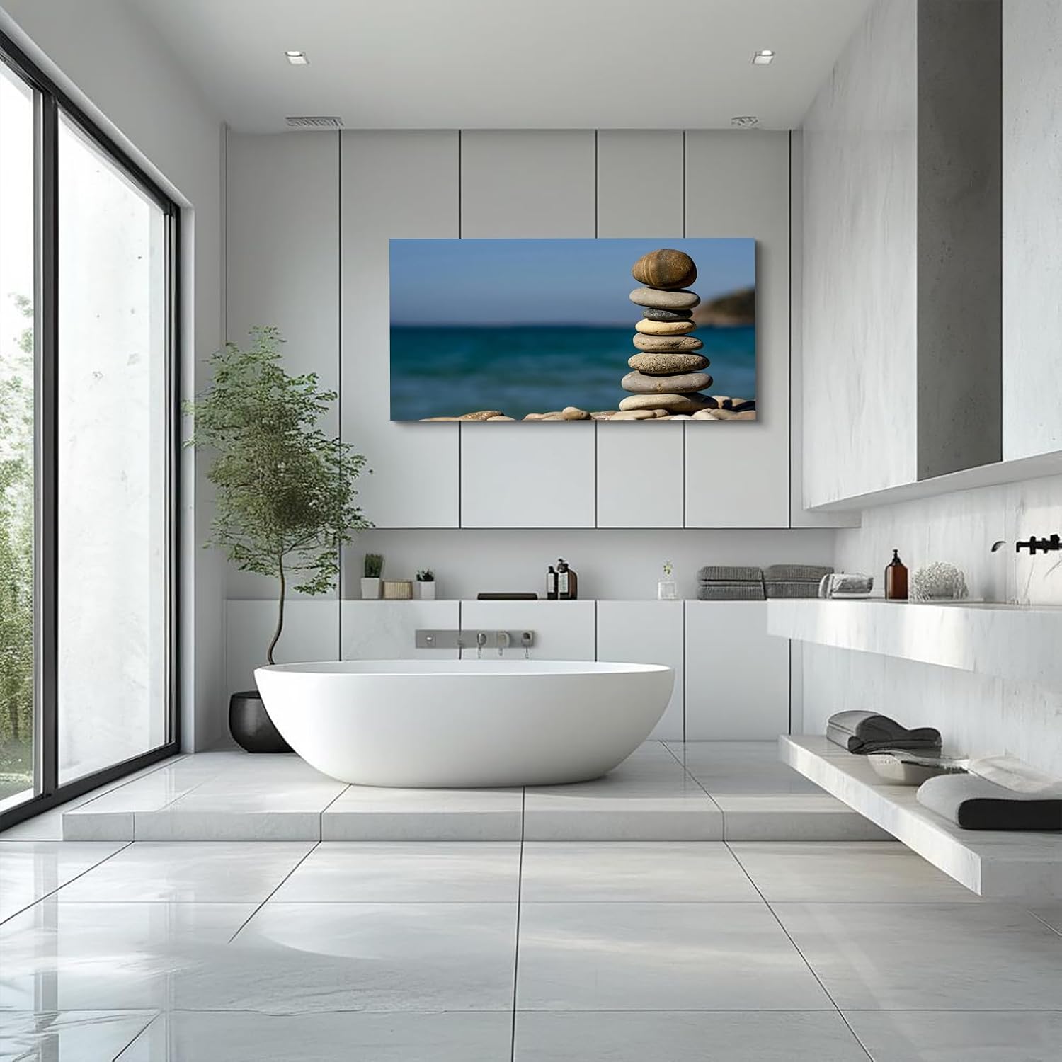 Craftline - Zen Decor Spa Canvas Wall Art Ocean Art Pebble Photo Nature Stone Picture Modern Poster Framed Artwork for Yoga Office Bedroom Decoration 32x16inch
