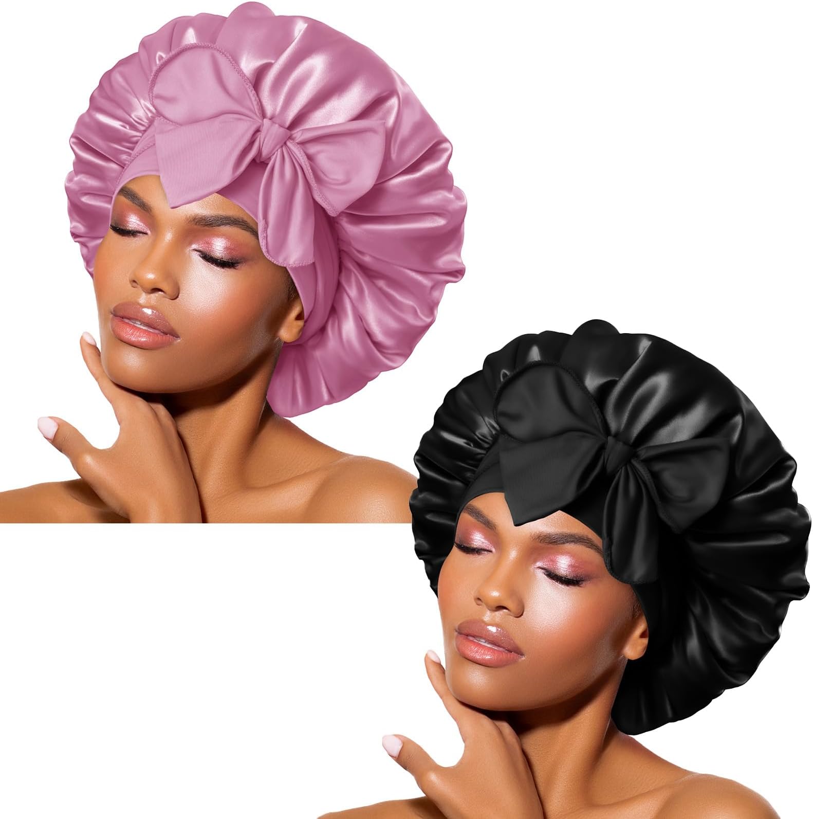 Silk Bonnet for Sleeping Women Satin Bonnet Night Sleep Cap Wrap for Curly Hair with Adjustable Tie Band, Single Layer, Black+Rose Gold