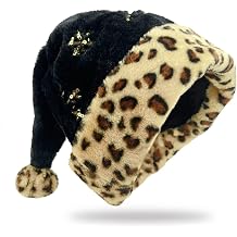 Black Leopard Print Santa Hat - Plush Sequin Xmas Christmas Hat for Adults - Festive Holiday Party Supplies