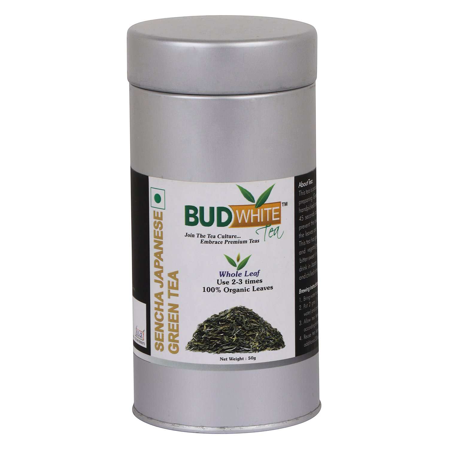 Budwhite Sencha Japanese Green Tea, Organic, Whole Leaf, 50g Tin Pack