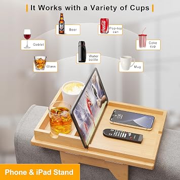 Bestjing Bamboo Sofa Clip on Side Table for Wide Couches Arm - 2 in 1 Couch Arm Table with Slide-Away Detachable Cup Holder Tray - Couch Arm Tray for Eating Drinks Snacks iPad TV Remote (Natural)