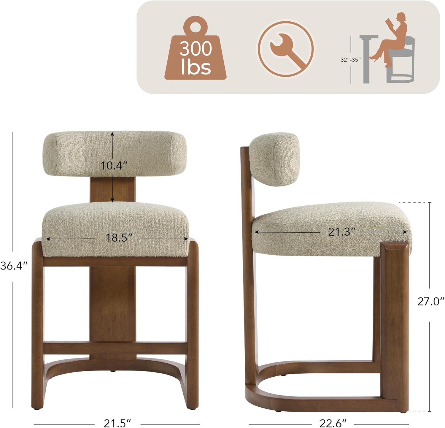 CHITA Modern Bar Stools Set of 2, 27" Counter Height Bar Stools, Upholstered Barstools with Backs and Wood Legs for Kitchen Island Dining Room, Oatmeal Fabric with Walnut Frame