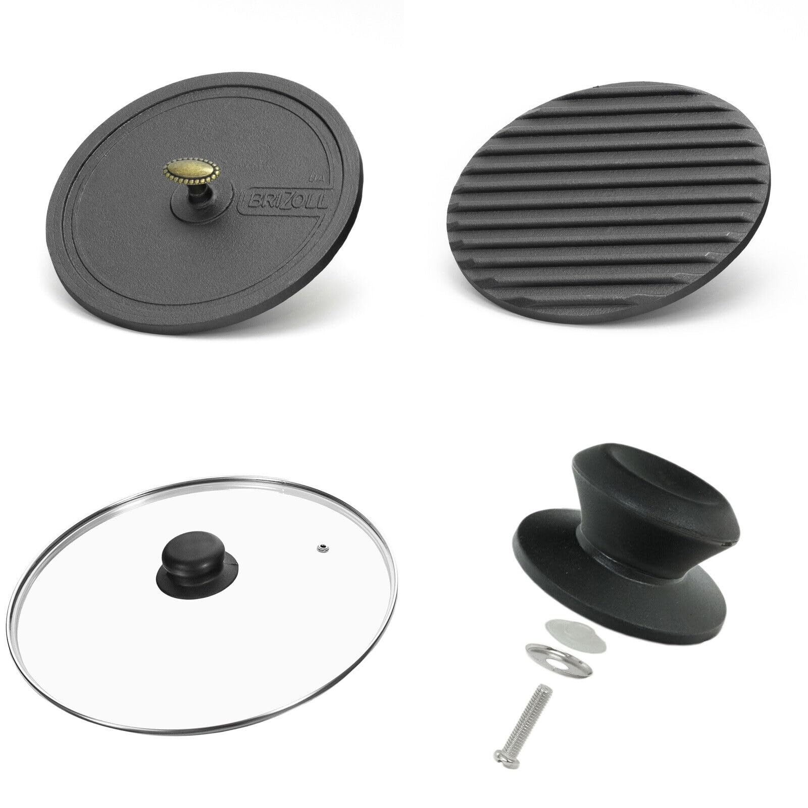 Ø28cm Grillpfanne Gusseisen mit Pressdeckel Glasdeckel Pfannenwender Induktion Holzgriff Bratpfanne Pfanne Feuerpfanne