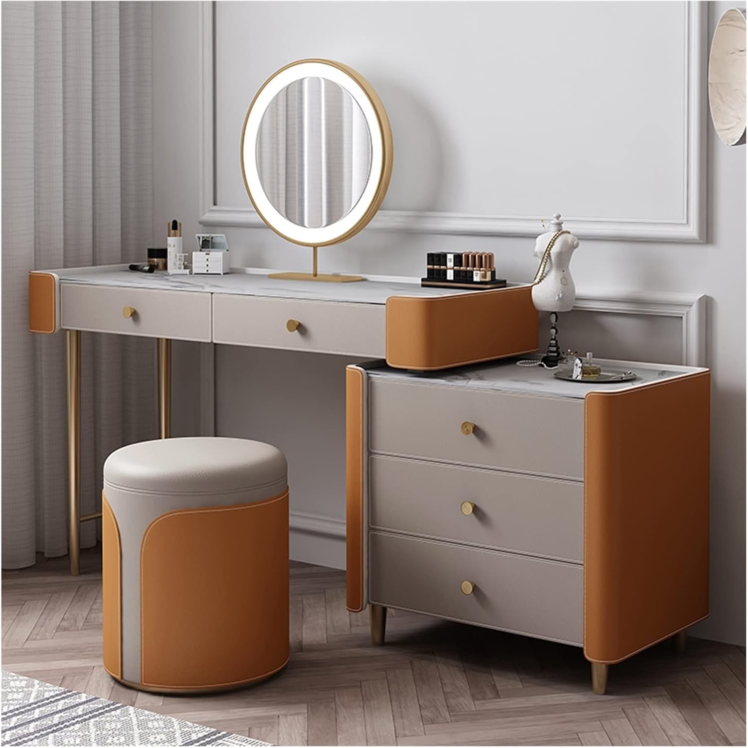 Vanity Desk, Makeup Vanity Set Dresser Dresser Bedroom Slate Leather Makeup Table LED Makeup Mirror with Drawer Storage Gold Plated Dresser Makeup Dressing Table Set(Size:120cm)