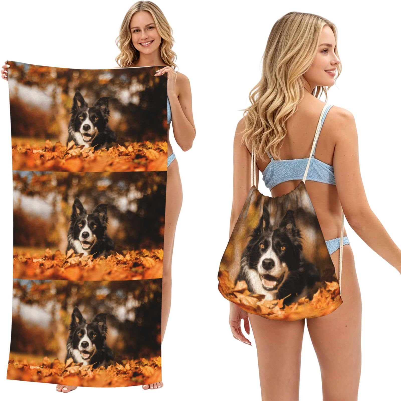 Poadnly As Picture Border Collie Bokeh Autumn Black Border Collie, 2 In 1 Packable Towel Bag, Beach Towels With Drawstring Backpack For Travel Holiday Camping