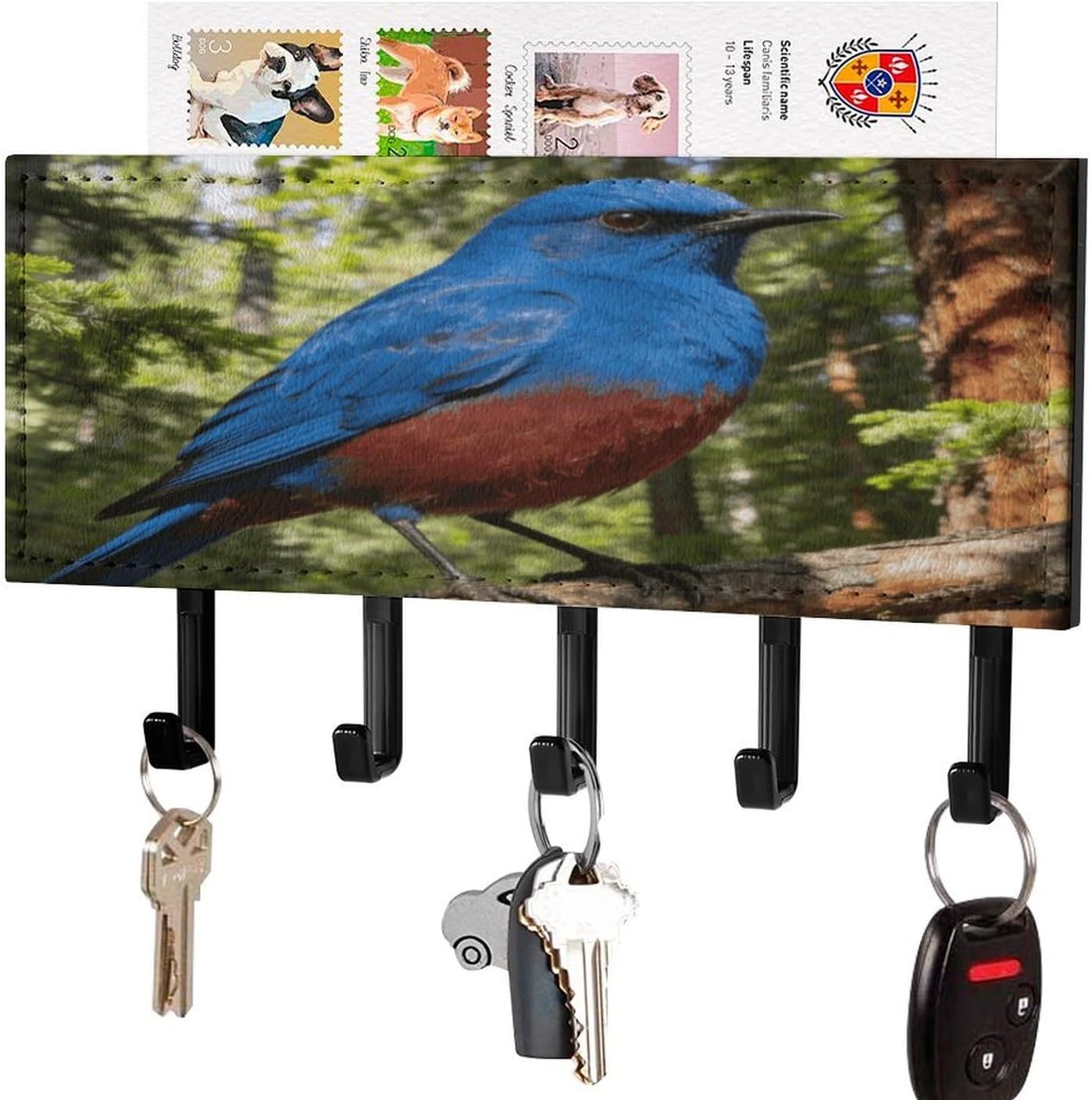 Key Holder Wall Mount Key Hanger with 5 Hooks, Decorative Key Rack | Deep Forest Blue Flame Hanging Key Hooks with Mail Organizer for Wall Living Room Kitchen Bathroom Hallway