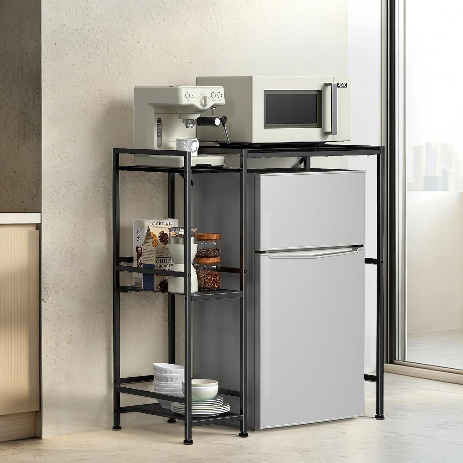 NANANARDOSO Mini Fridge Stand with Storage Shelves, Adjustable Metal Wood Bakers Rack, Coffee Bar and Microwave Stand, Small Refrigerator Table for Kitchen Dorm Apartment Office, Black.