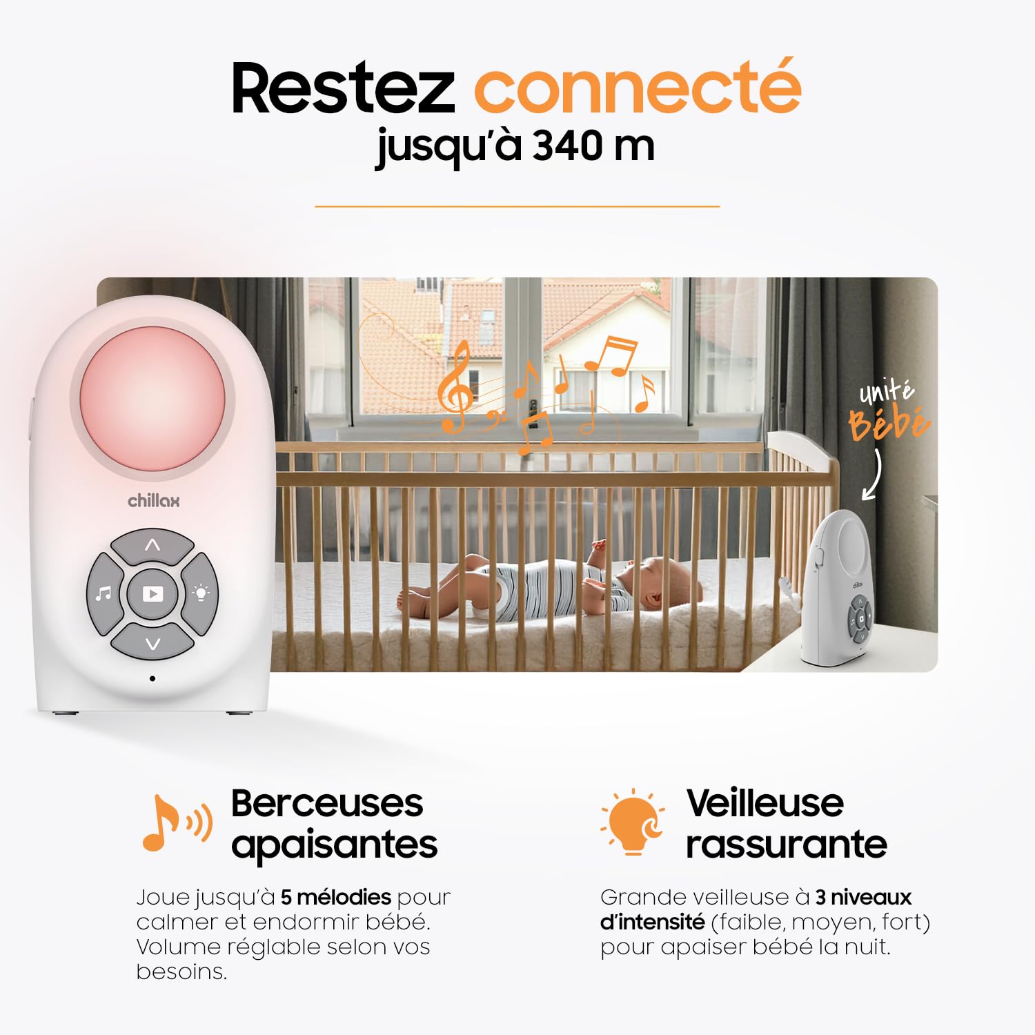 CHILLAX - Babyphone Audio CB260 - DECT - Écran LCD - Modes VOX et Eco - Capteur de Température avec Alerte - Indicateurs de son - Portée 340 m - Veilleuse & 5 Berceuses - Autonomie 13h - Talkie-Walkie