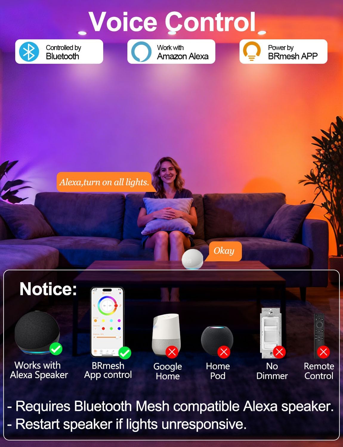 ILC 4 Inch LED Reccessed Downlights Compatible with Alexa (Hub Required), 10W, APP Controlled, RGB Color Changing, 2700K-6000K, 100W Equivalent, Recessed Ceiling Lights,Bluetooth MESH (6 Packs)